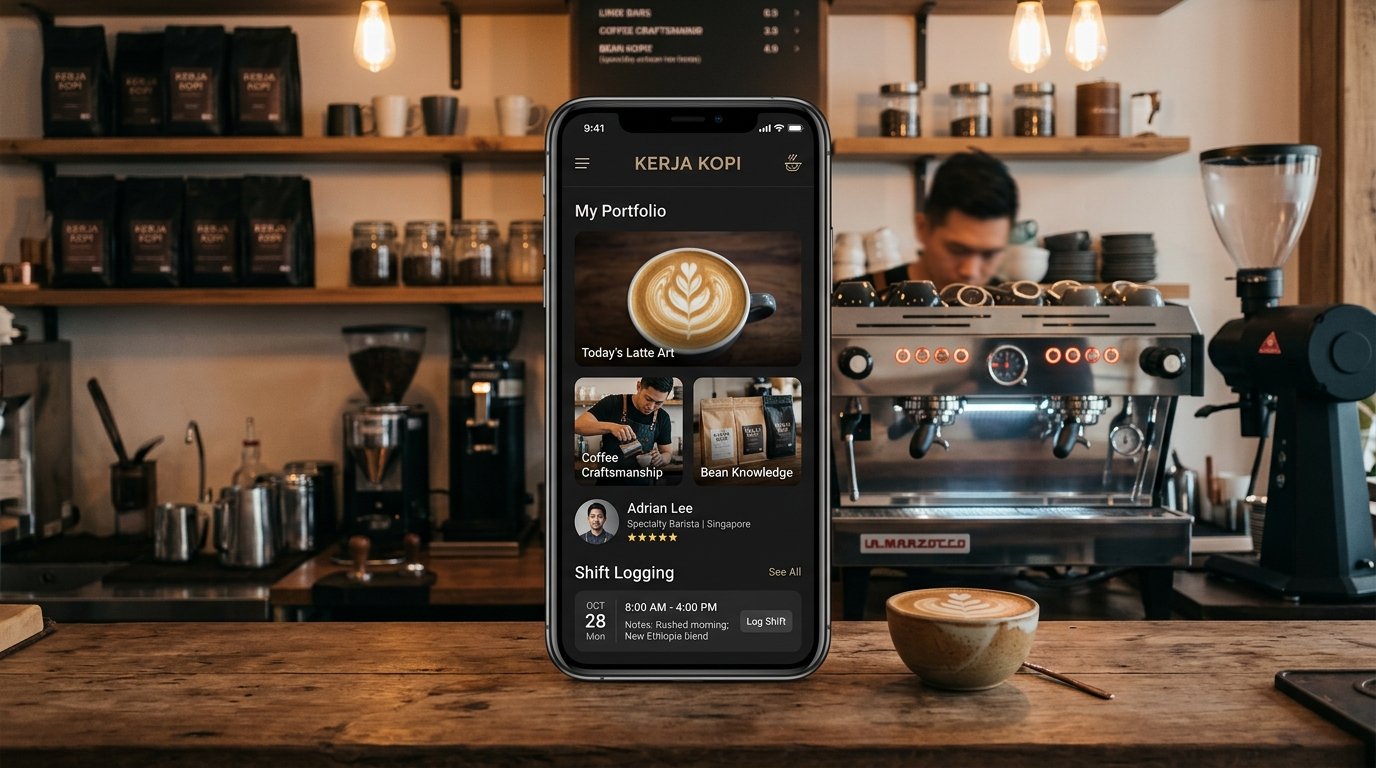 Kerja Kopi Mobile App Mockup and Specialty Coffee Bar